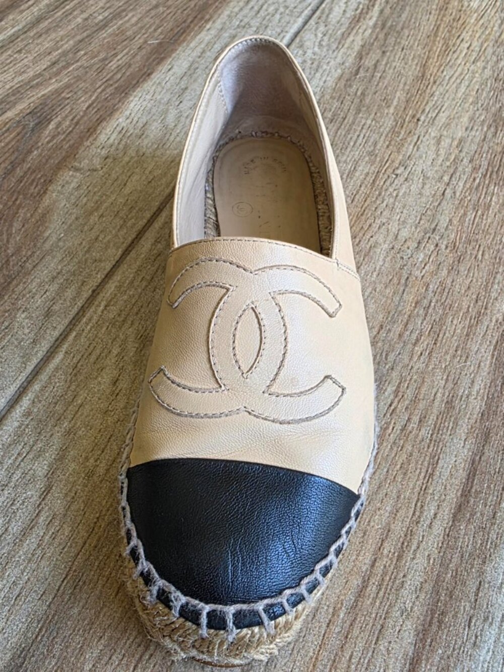 CHANEL  Beige & Black Lambskin Espadrilles Eur. 35